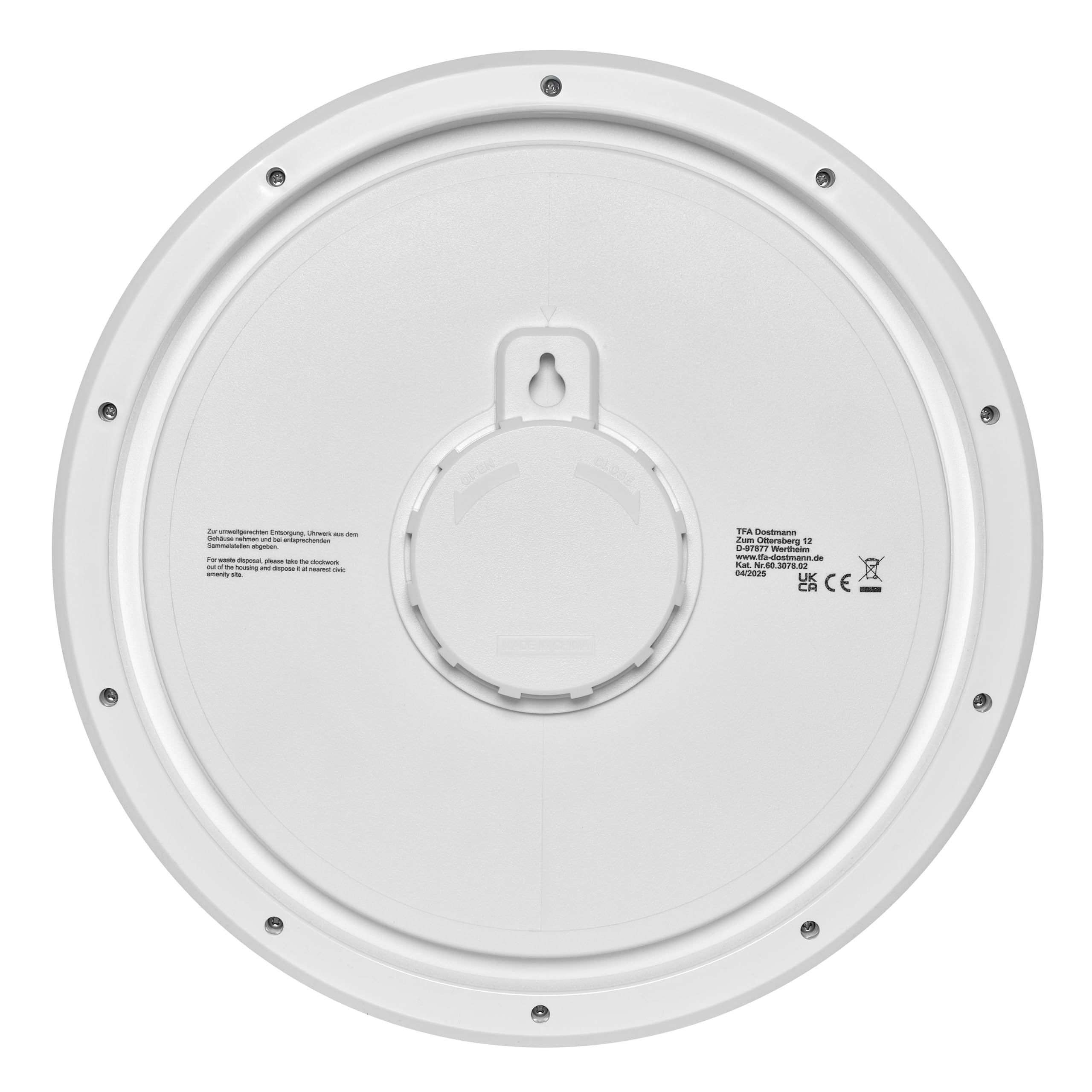 TFA Dostmann Horloge Murale d'extérieur étanche, 60.3078, Horloge d'extérieur, résistante aux UV, à Quartz pour Piscine, terrasse, Jardin, Balcon, diamètre 30,5 cm, Facile à Lire, Blanche