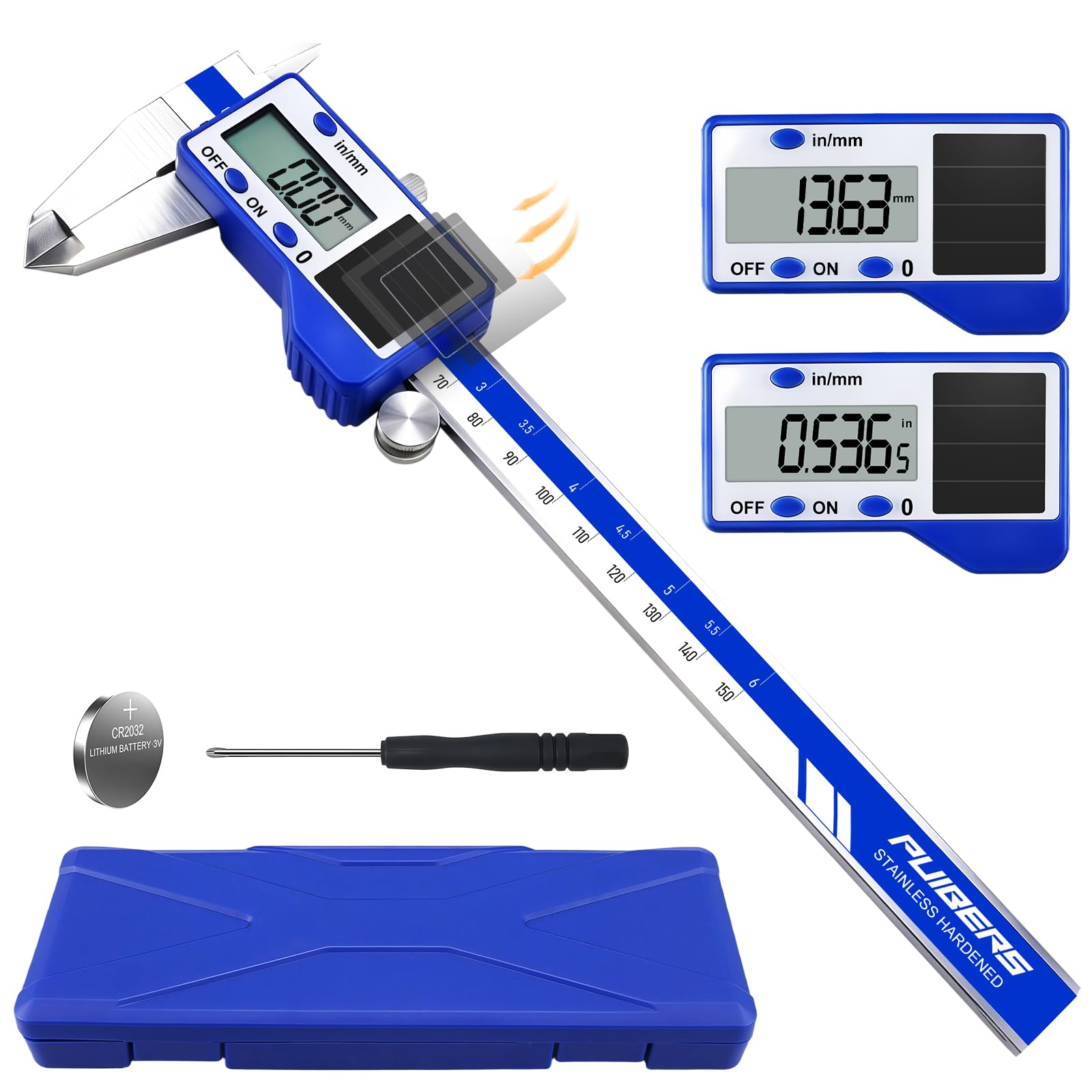 solar-powered electronic vernier calipers, with dual IN/MM scale display, one-second reading, and precise measurement.