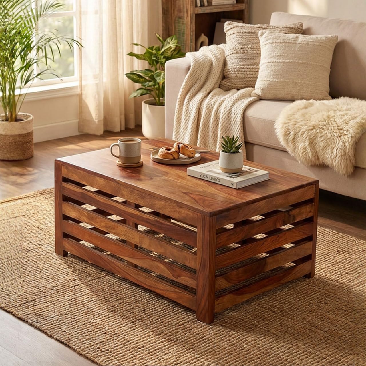 Amazon Brand - Solimo Sheesham Wood Monserz Coffee Table | Classic, Sturdy & Long-Lasting Wooden Center Table for Living Room Home Furniture (Natural Finish)-image-33