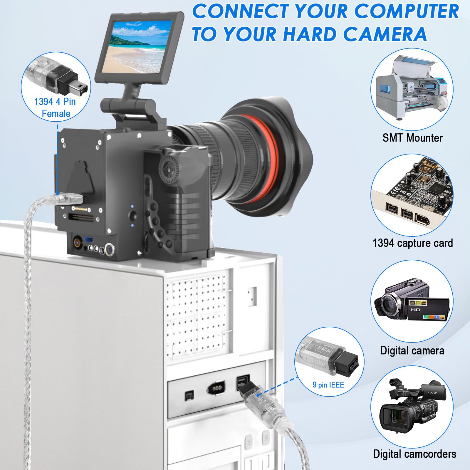Herfair Câble FireWire IEEE 1394B, 9 broches vers 4 broches mâle vers mâle, adaptateur de transfert de données, convertisseur FireWire 400 DV iLink pour ordinateur portable vers caméscope, caméra DV