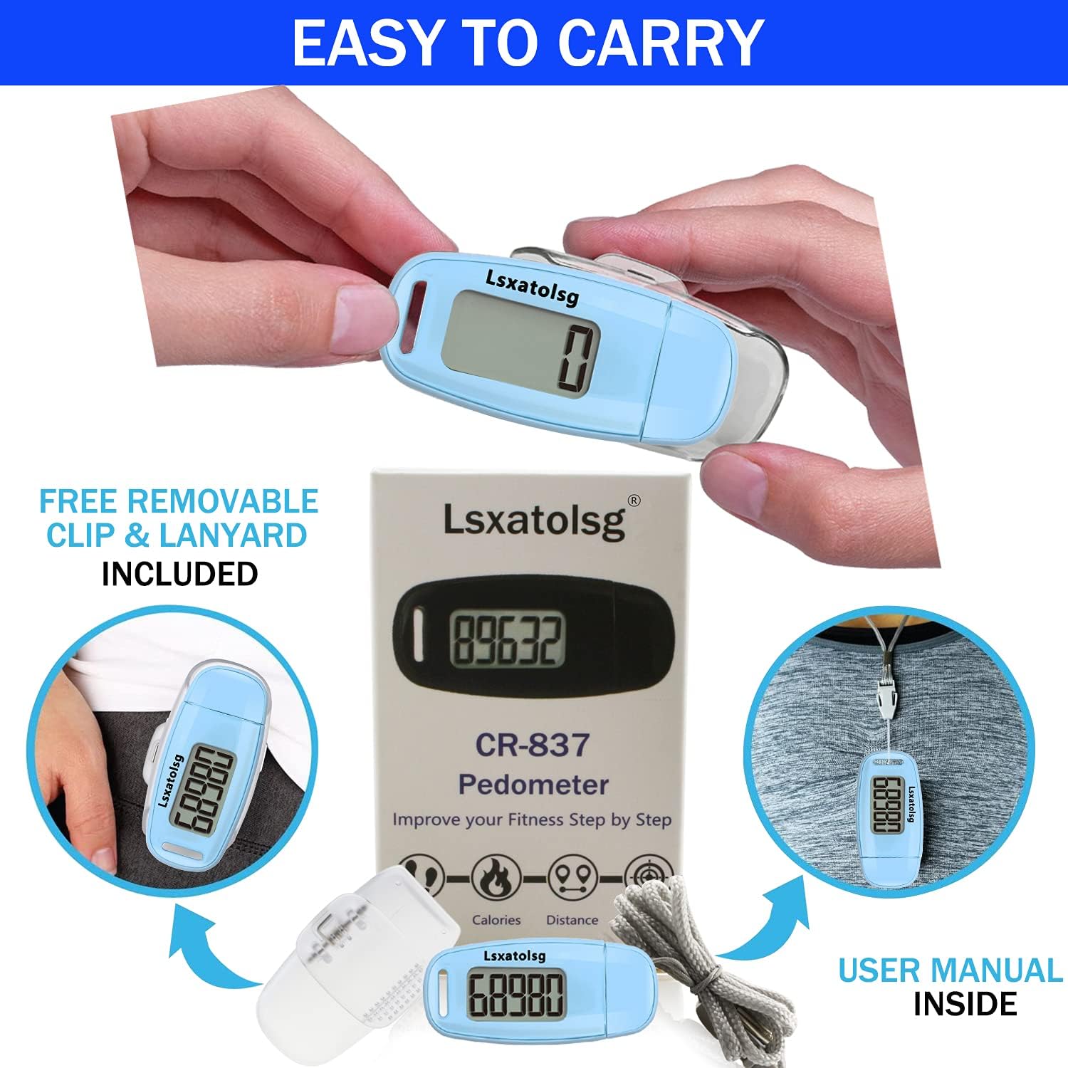 USB Charge Walking 3D Pedometer with Clip and Lanyard, Simple Step Counter with Rechargeable Battery, Accurate Fitness Tracker, Digital Daily Target Monitor with Large Luminous LCD Display for Whole Family