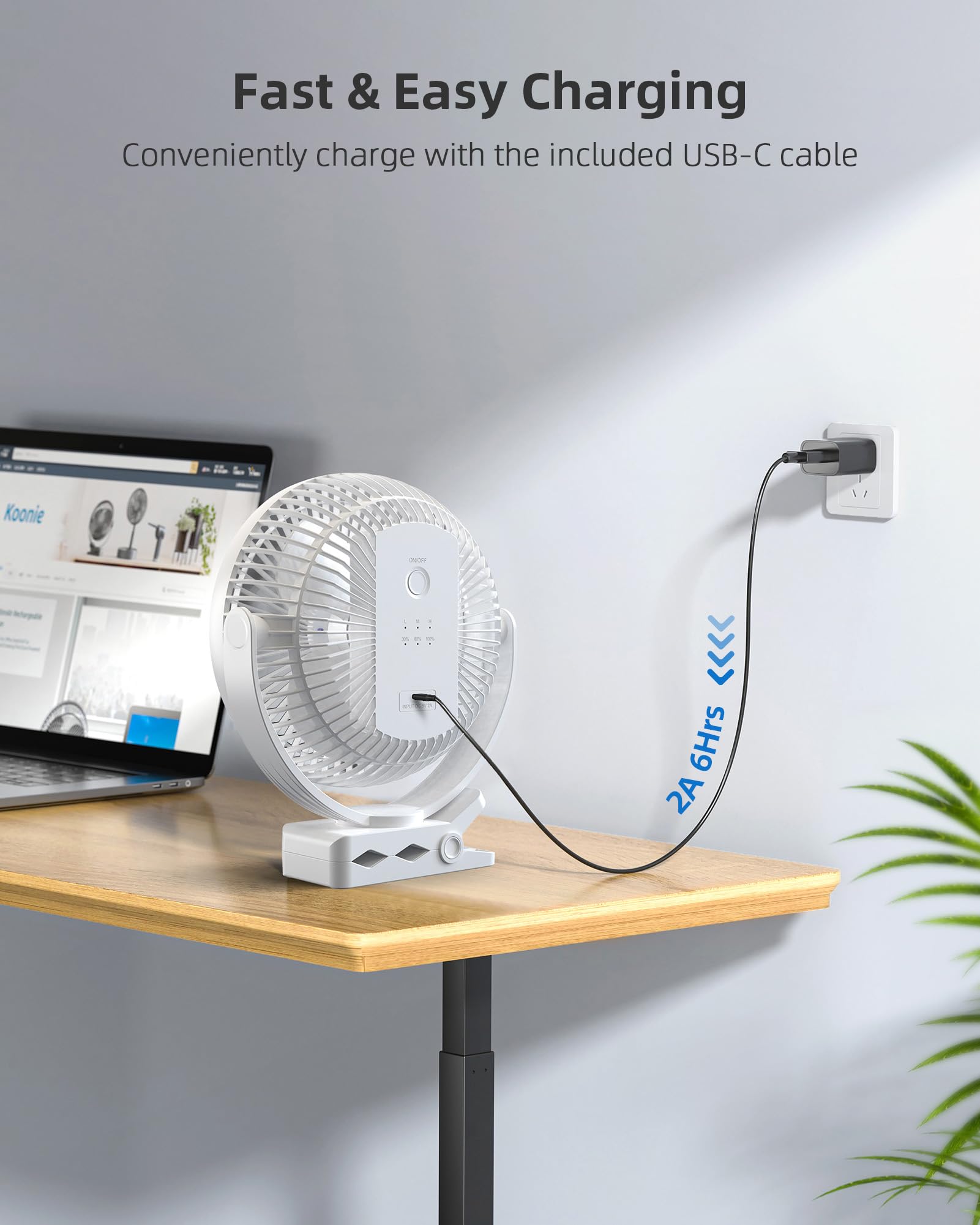Koonie 20CM Ventilatore a 10000mAh Batteria, Ventilatore USB Portatile, Ventilatore da Tavolo Silenzioso, 4 Velocità & 360° Rotazione, per Casa,Ufficio,Campeggio,Passeggino, All’aperto (Bianco)