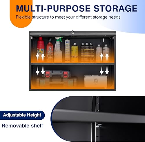 Vista 86 de Yizosh Armario de garaje de metal con puertas, armario de almacenamiento montado en la pared, gabinete de herramientas flotante para sótano, cocina