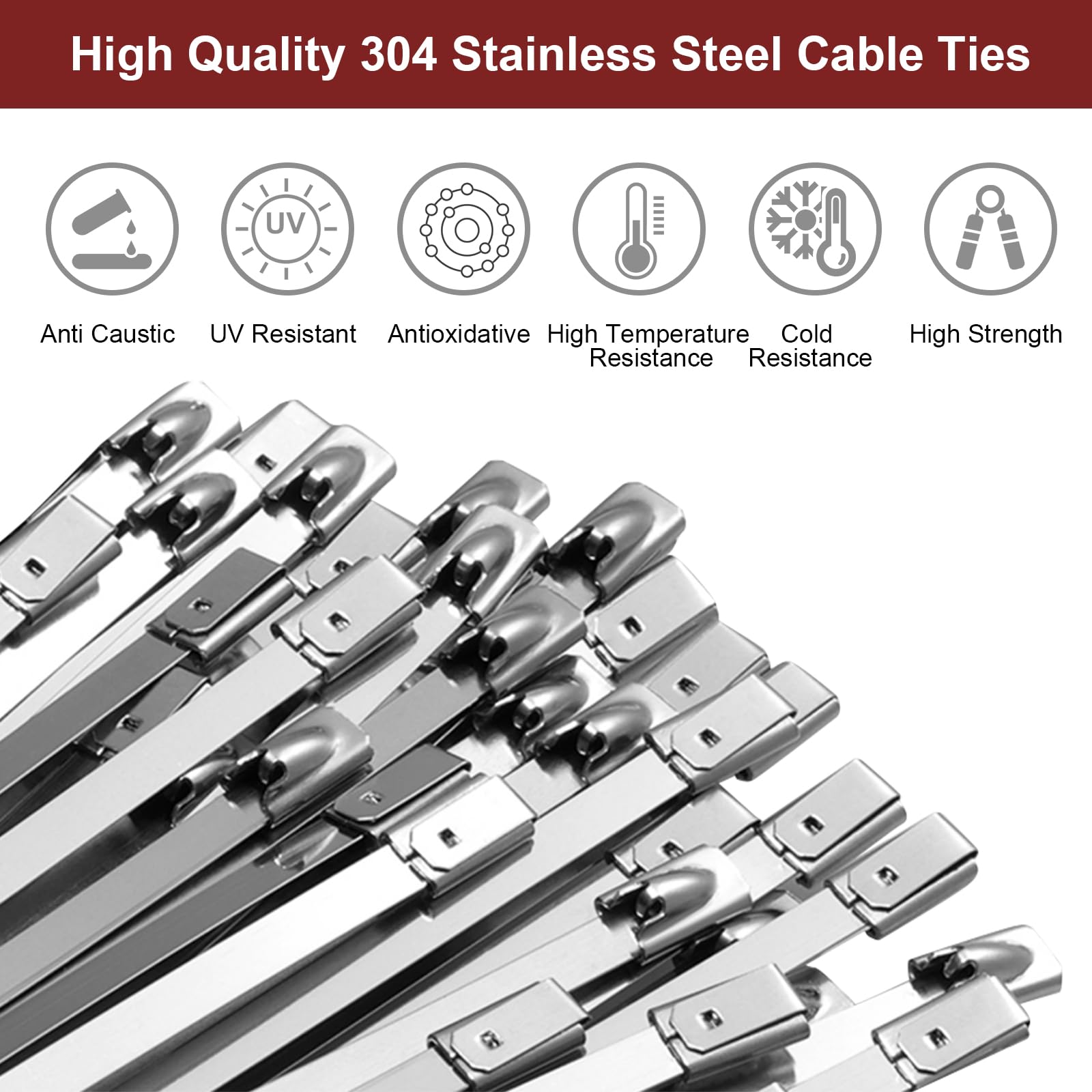 Fohirey 7.9×200mm Metal Cable Ties 30 Pcs, 304 Stainless Steel Zip Ties Silver Metal Tie Wraps - Image 2