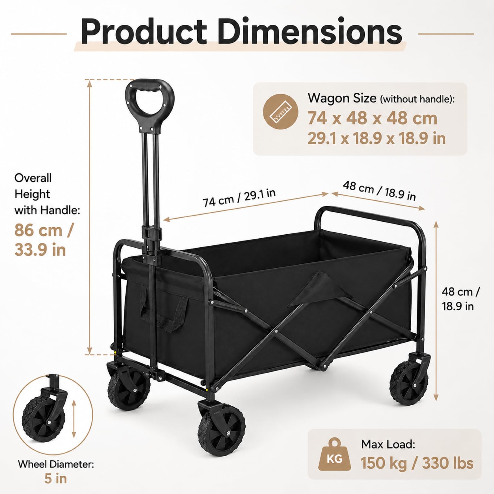 Surface de charge de 150 kg - Chariot de plage pliable - Grande capacité - Portable - Pour jardin, camping, festival