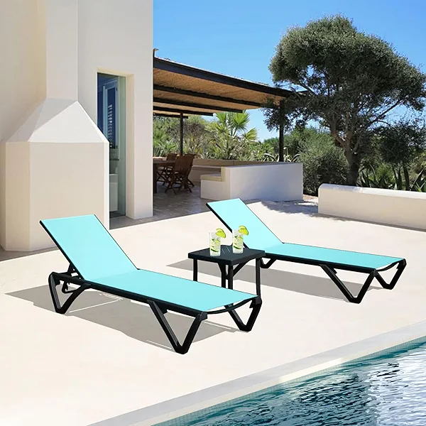 Domi Pool Lounge Chairs, Aluminum Patio Chaise Lounge with Side Table, 5 Position Adjustable Backrest and Wheels, All Weather Outdoor Lounge Chairs for Beach, Yard, Balcony, Poolside, Turquoise Blue