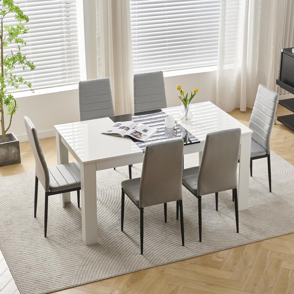 Menaka Modern Small Wood Dining Room Table and Chairs Set of 4 for Small Space, 5pcs 120cm Kitchen Table with 4 Seats Chairs Set for Restaurant Dinette (6 Grey Velvet Line Chairs, 150cm table)