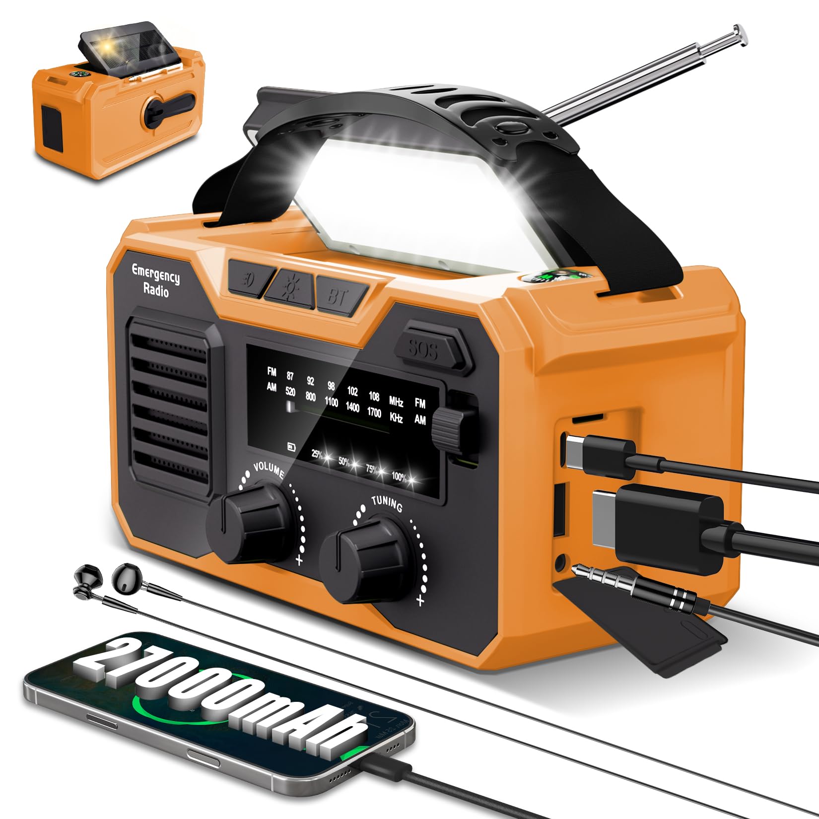 27000mAh Radio Emergencia, FM/Am Radios Solar y Recargable con Bluetooth 5.3/Alarma SOS/Brújula/Linterna, Radio De Dinamo para La Preparación Al Aire Libre para Desastres Naturales (Naranja)