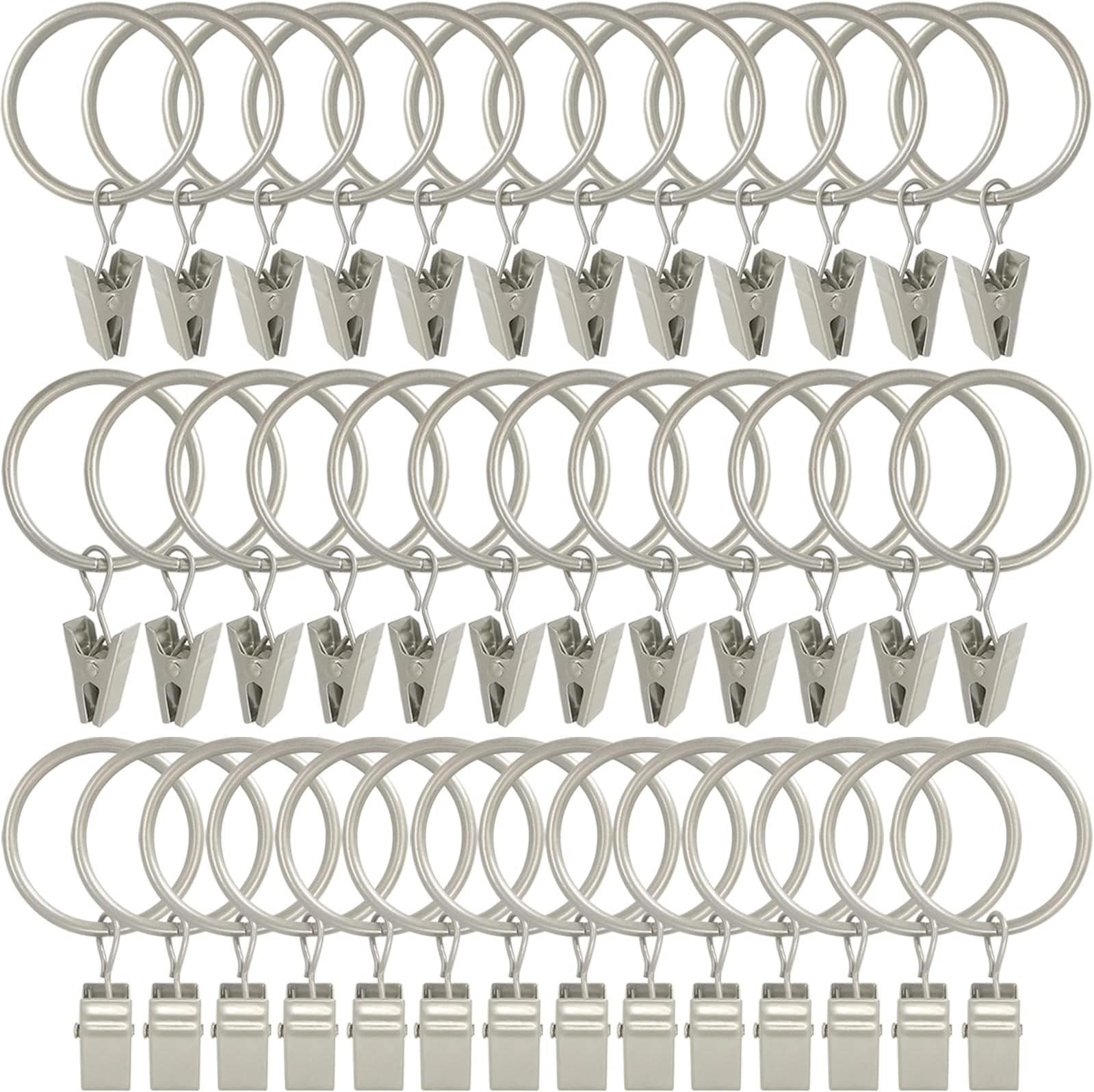 - WeeksEight 40 Pack Matte Silver Curtain Rings with Clips, Curtain Hooks Hangers Clip Rings for Hanging Drapes Bows Hat, Drapery Rings 1.26 in I D, Fits up to 1 in Diameter Curtain Rod.