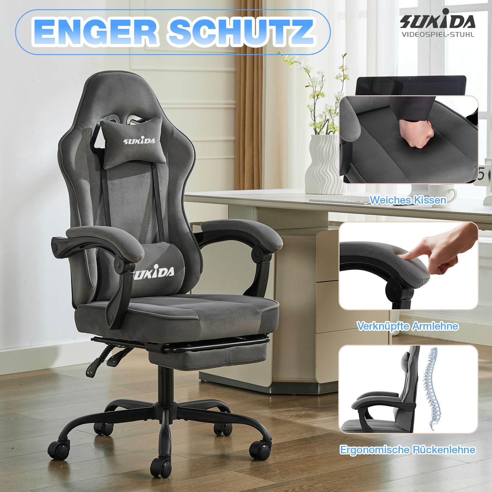 SUKIDA Gaming Stuhl Stoff Ergonomischer Gaming Chair mit Fußstütze Lordosenstütze Grau