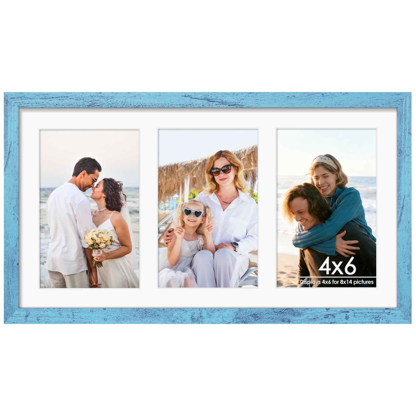 DUENPY 8x14 Collage Picture Frame 4x6 Collage Picture Frame Displays Three 4x6 inch Photos or 8x14 (Without Mat) for Available Horizontal Wall Mounting Display and Vertical Blue