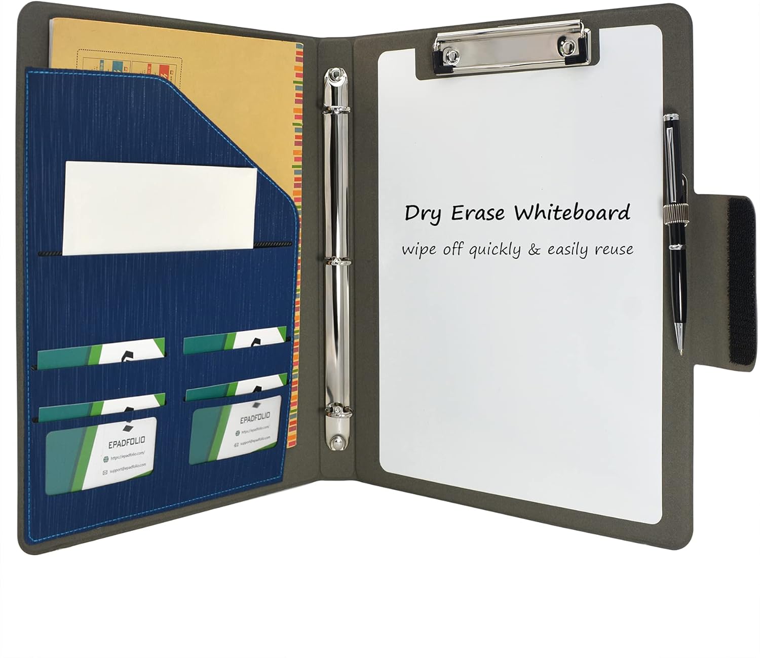 3-Ring Binder Padfolio with Whiteboard Clipboard and Expanded Document Bag, Padfolio Ring Binder Business Organizer Portfolio Case (Blue)