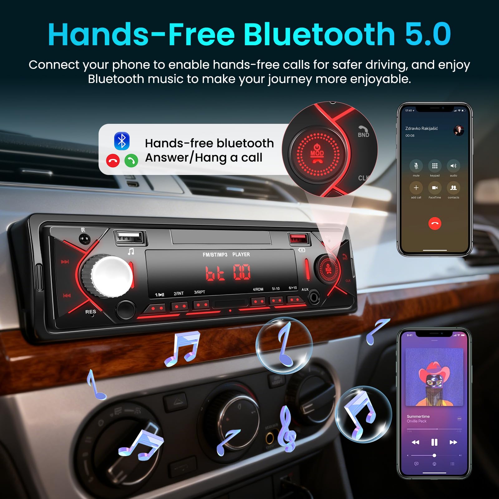 1 Din Autoradio mit Bluetooth Verbindung, Radio 1 DIN mit FM, USB/SD/AUX-IN, Fernbedienung, LCD-Anzeige und Schnellladung