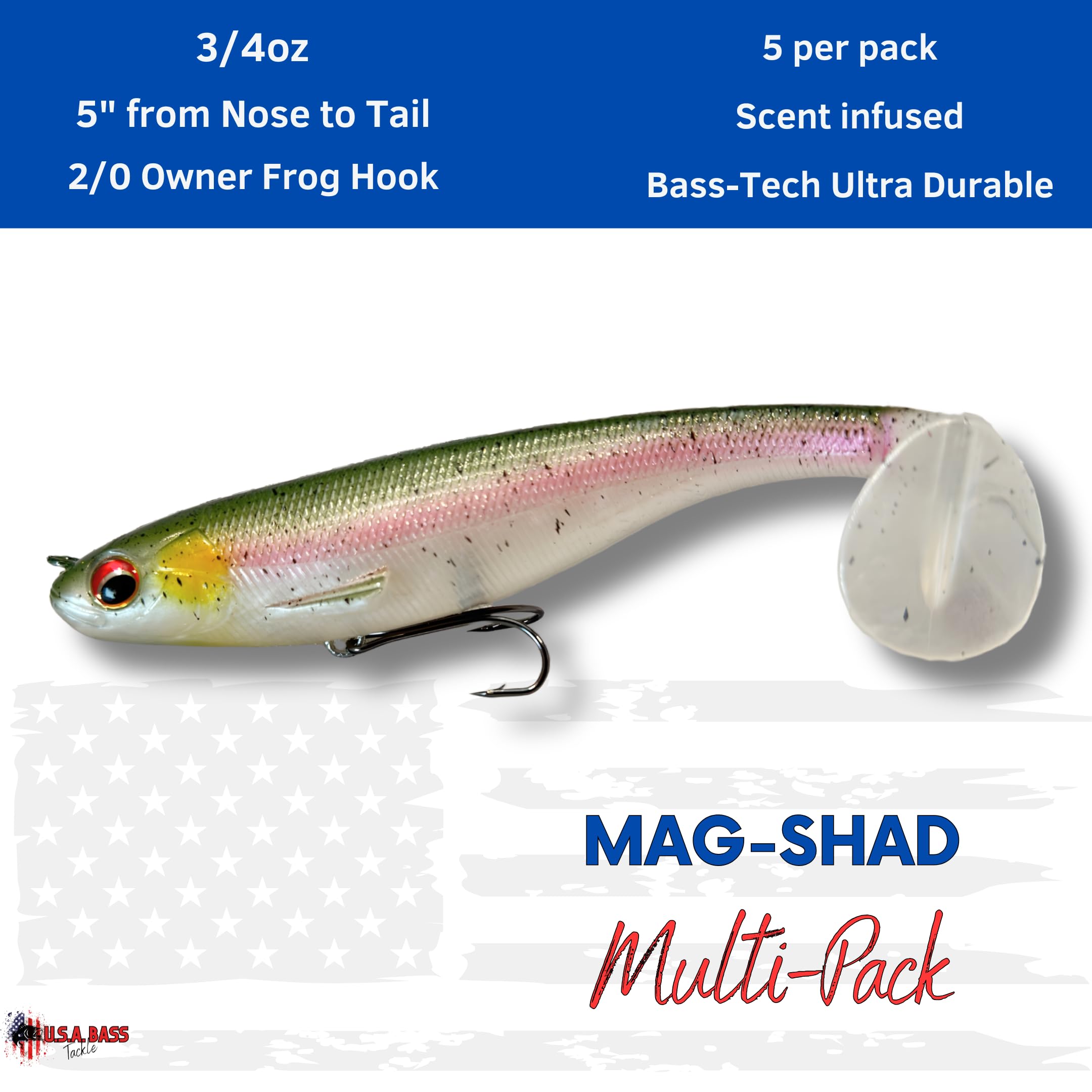 USA Bass Tackle Mag Shad – Duftinfundierter Magnum Paddle Tail Swimbaits Pre Rigged Angelköder Premium-Köder mit starkem Besitzerhaken, Angelausrüstung für riesige Raubfische