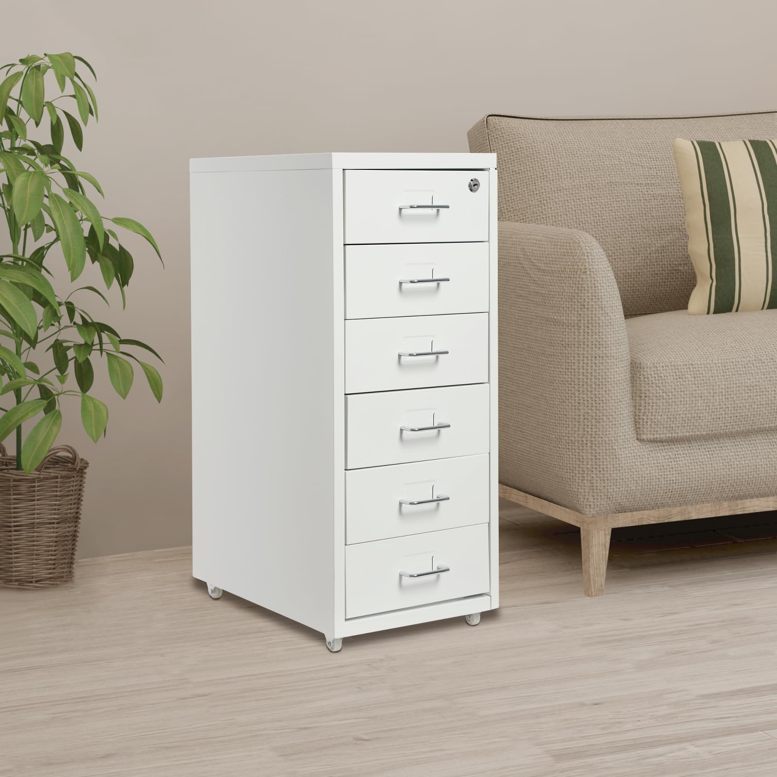 Cassettiera in metallo bianco con 6 cassetti, serratura e ruote | Cassettiera da ufficio con rotelle, mobile salvaspazio, mobile per uso commerciale e domestico