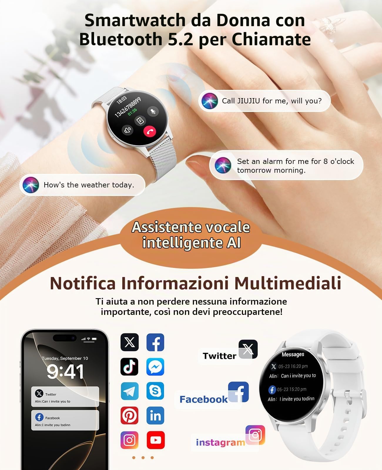 SLOKSFil Smartwatch Donna, 1.27”Touchscreen Completo Orologio Donna Rotondo con Chiamate Bluetooth, 24H Frequenza Cardiaca Monitor Sonno, 100+ Modalità Sportive Compatibile con Android iOS (Argento)