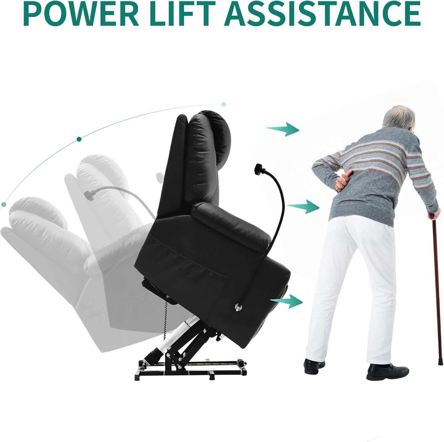 Remote control with buttons for lift, recline, power, heat, and massage modes, alongside a diagram showing massage points on a human body.