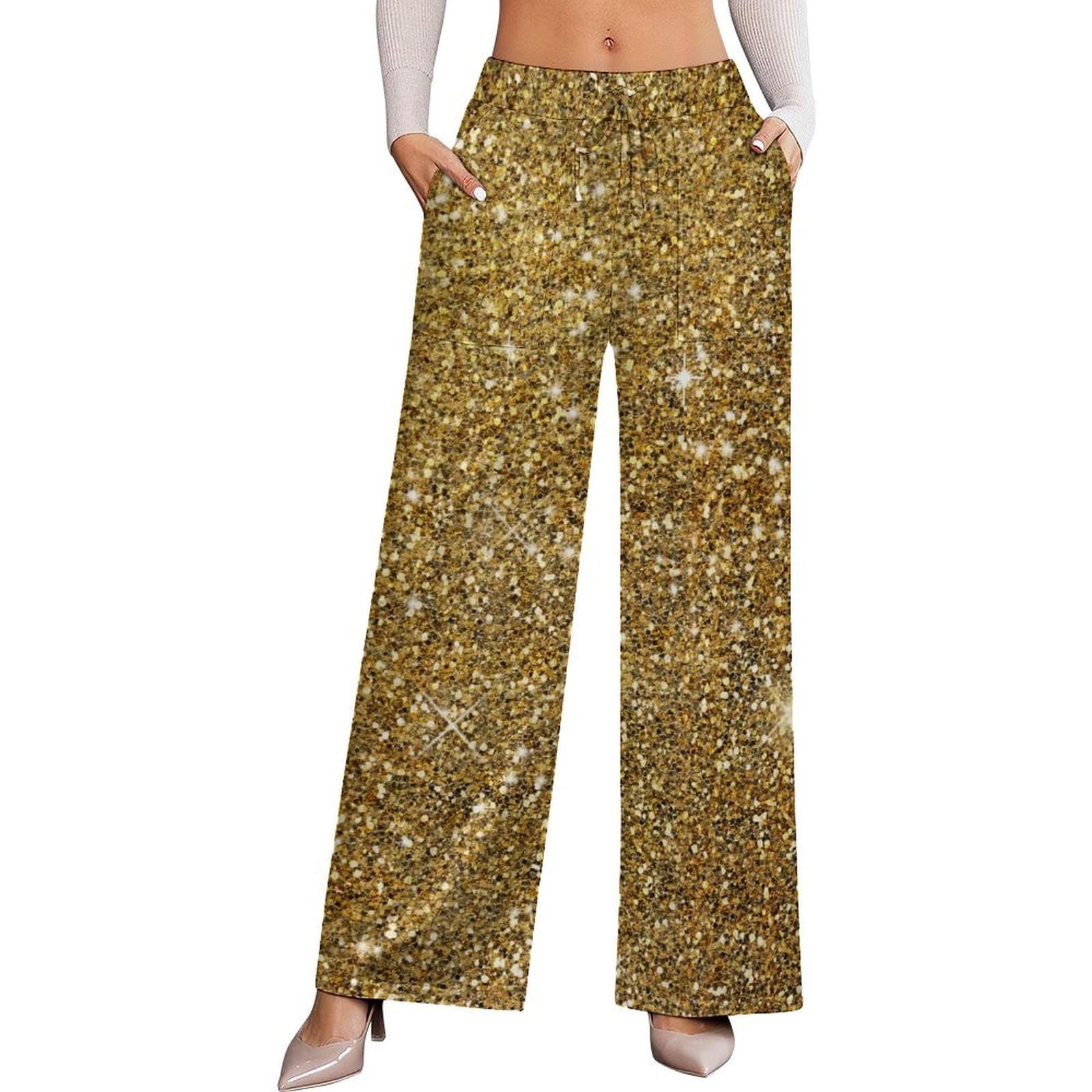 Dyale Sparkle Glittery Sparkly Stretch High-Waisted Wide-Leg Pants Womens Versatile Casual WearXL
