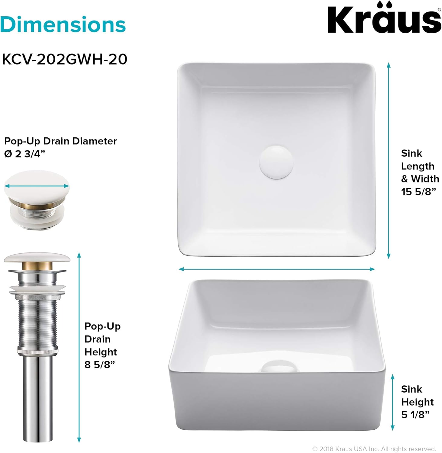 KRAUS Viva™ Square White Porcelain Ceramic Vessel Bathroom Sink with Pop-Up Drain, 15 5/8 in. L x 15 5/8 in. W x 5 1/8 in. H, KCV-202GWH