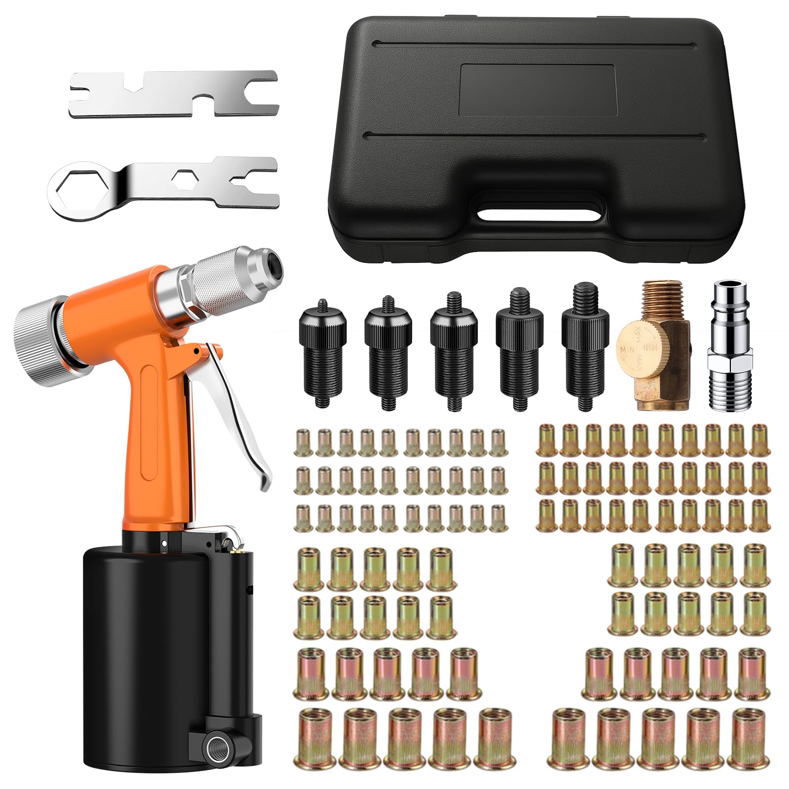 Proster Rivettatrice Pneumatica con 100Pz Inserti Filettati 1/4" Rivettatrice ad Aria Professionale per Rivetti M4 M5 M6 M8 M10 Pistola a Rivetto ad Aria per Decorazione Fabbricazione Macchine-arancia