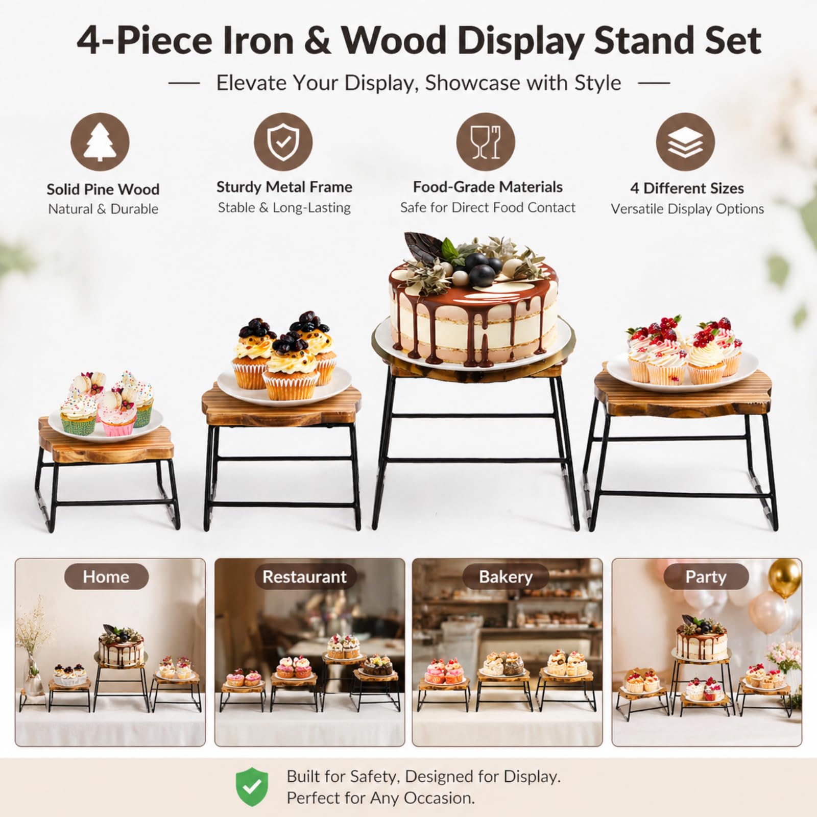 ZENFUN Lot de 4 rehausseurs de buffet en bois, rehausseurs de table à dessert, support de plat à pizza, support à cupcakes et rehausseurs en bois, plateau et support d'assiette