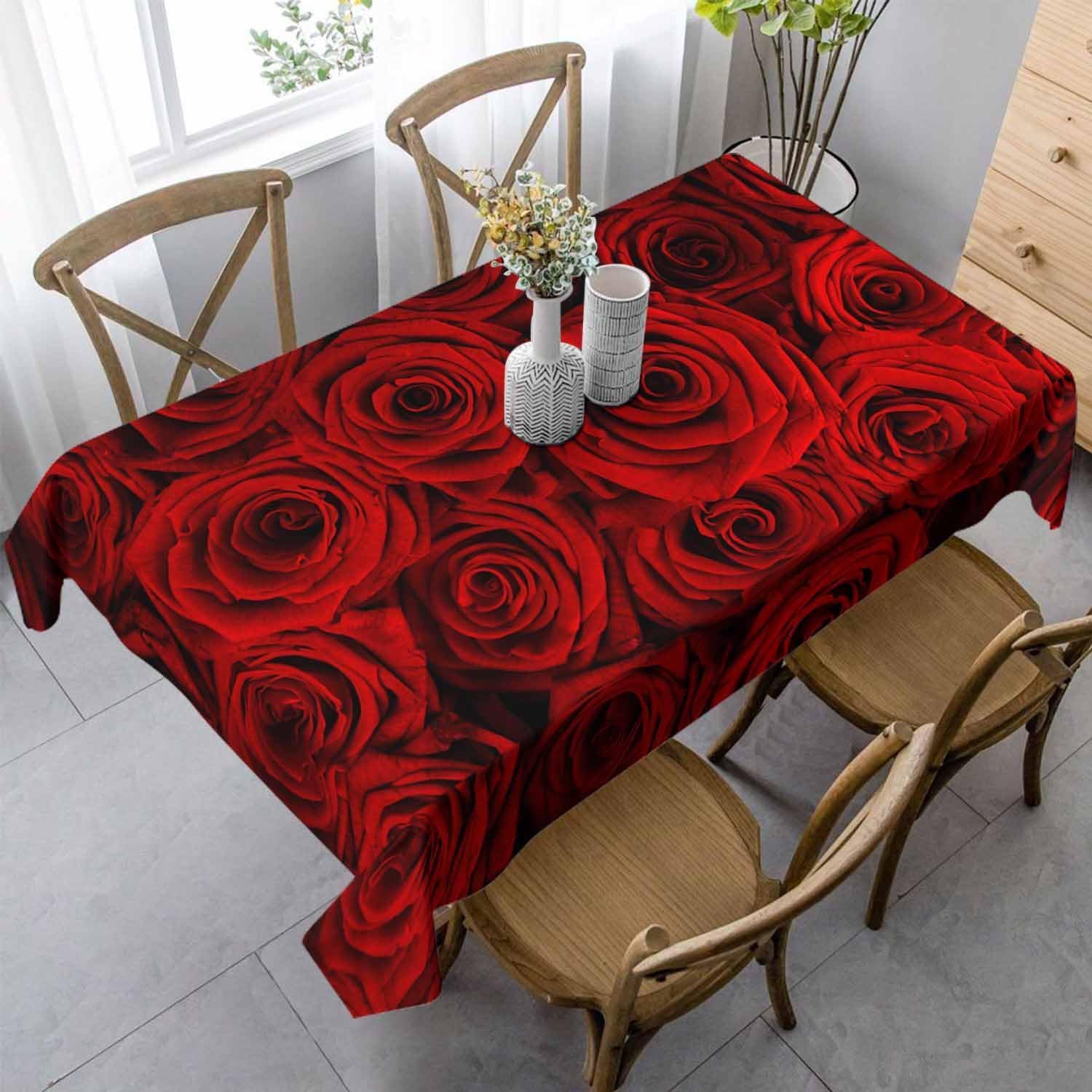 Tovaglia Antimacchia 300x140 cm Rettangolare Rose Rosse Tovaglie Impermeabile 3 Metri Copritavolo Poliestere Protezione Tavolo Romanticismo da Matrimonio, per Feste (12-14 Posti) a-3028