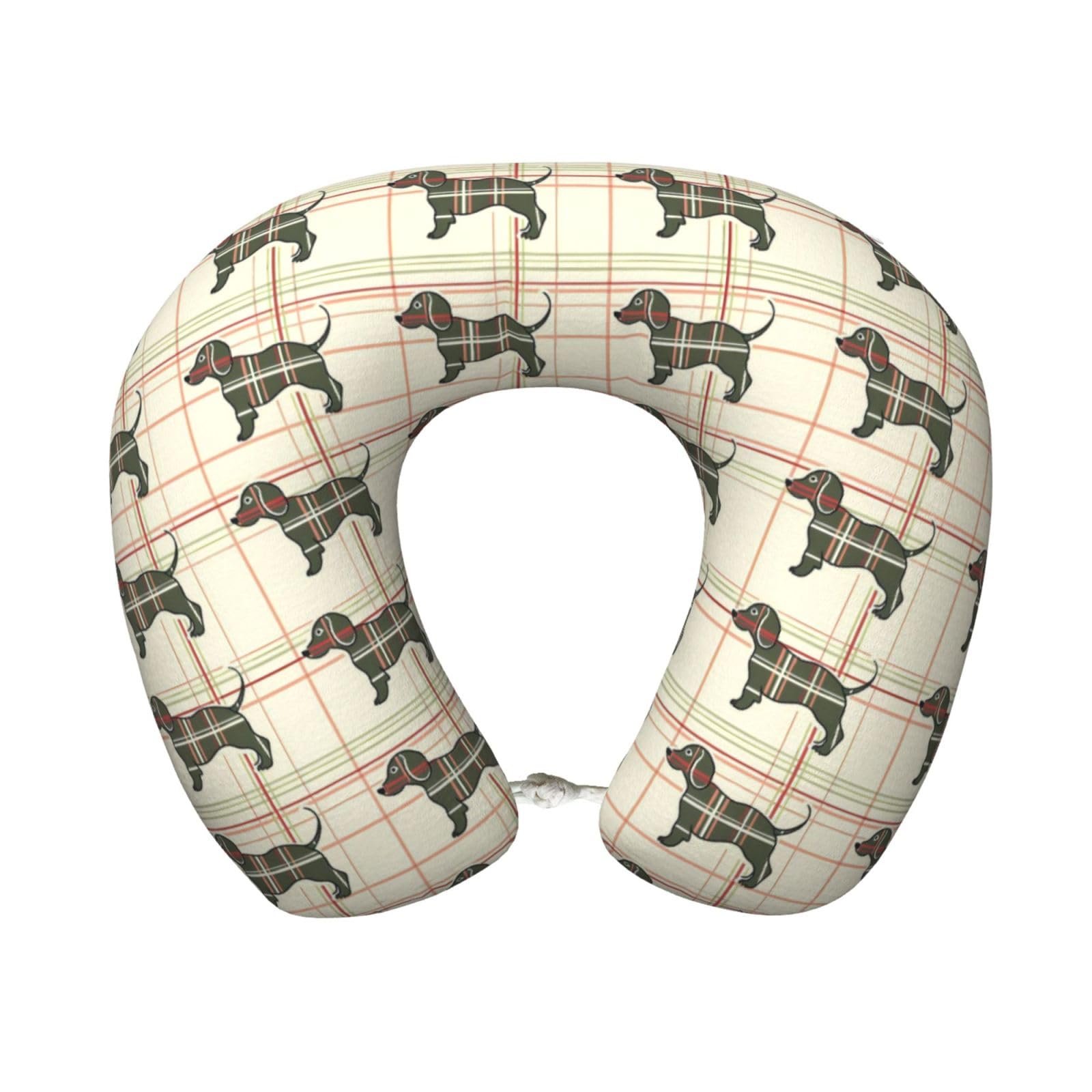peiyeety Plaid Dachshund Print Travel Pillow Memory Foam, Portable Neck Pillow for Airplane, Car and Office