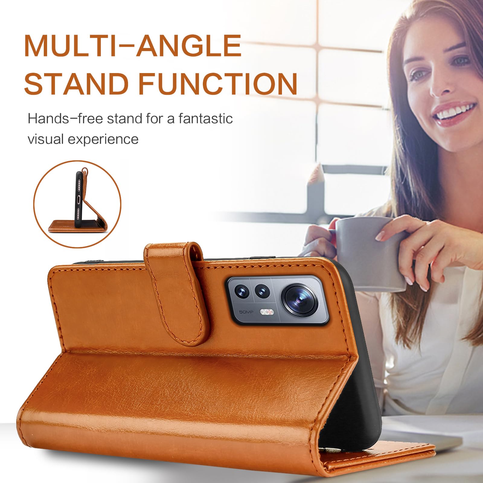 FMPCUON Funda para Xiaomi 12T/Xiaomi 12T Pro,Funda Libro Xiaomi 12T/Xiaomi 12T Pro Funda con Tapa,Cuero Carcasa Magnético Funda Cartera Móvil para Xiaomi 12T/Xiaomi 12T Pro, Marrón — view 7