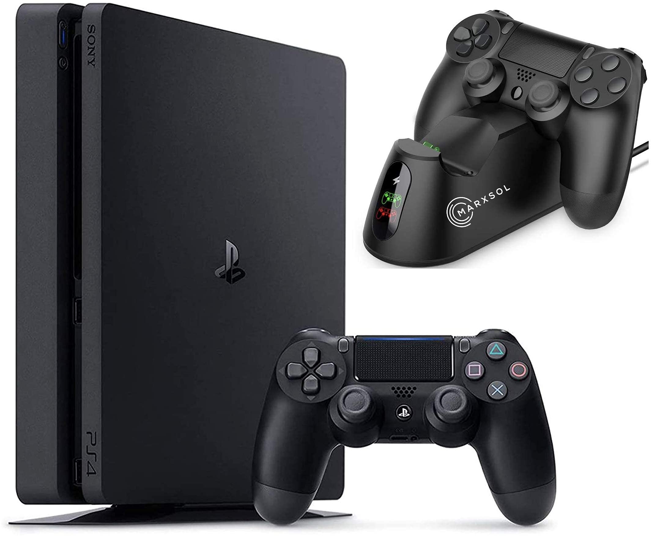 2021 Playstation 4 1TB Console - Black PS4 Slim Edition with 1TB Storage Holiday Bundle: 1 DualShock Wireless Controller + Marxsol Dual PS4 Controller Fast Charging Dock