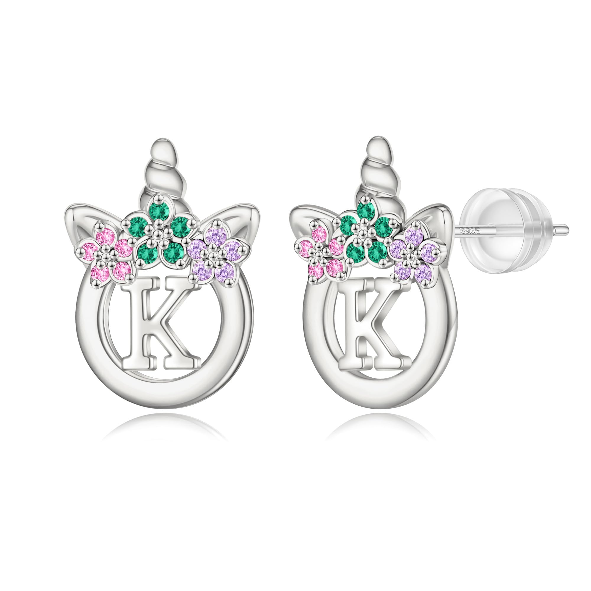 Unicorn Earrings Gifts for Girls - 925 Sterling Silver Stud Earrings Hypoallergenic Initial Unicorn Earring for Girls Kids Jewelry CZ Birthday Gifts