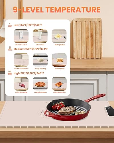 Miniatura 2 de Tapete eléctrico para calentar alimentos con 9 temperaturas ajustables, bandeja de silicona para calentar alimentos para bufé, calentador de