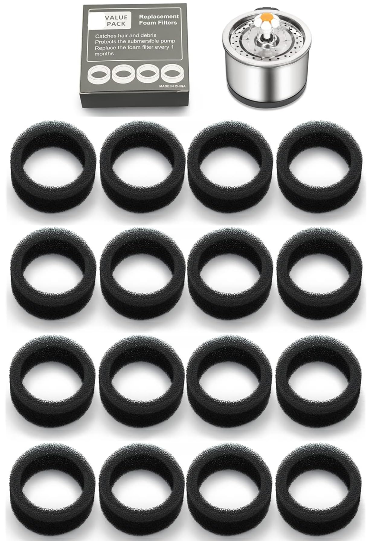 16PCS Pet Water Fountain Filter Sponge Replacement for 2.5 L/84 oz 2.2 L/ 74 oz Stainless Steel Cat Fountains, Black Round Filter Foam for Stainless Steel Cat Drink Fountains