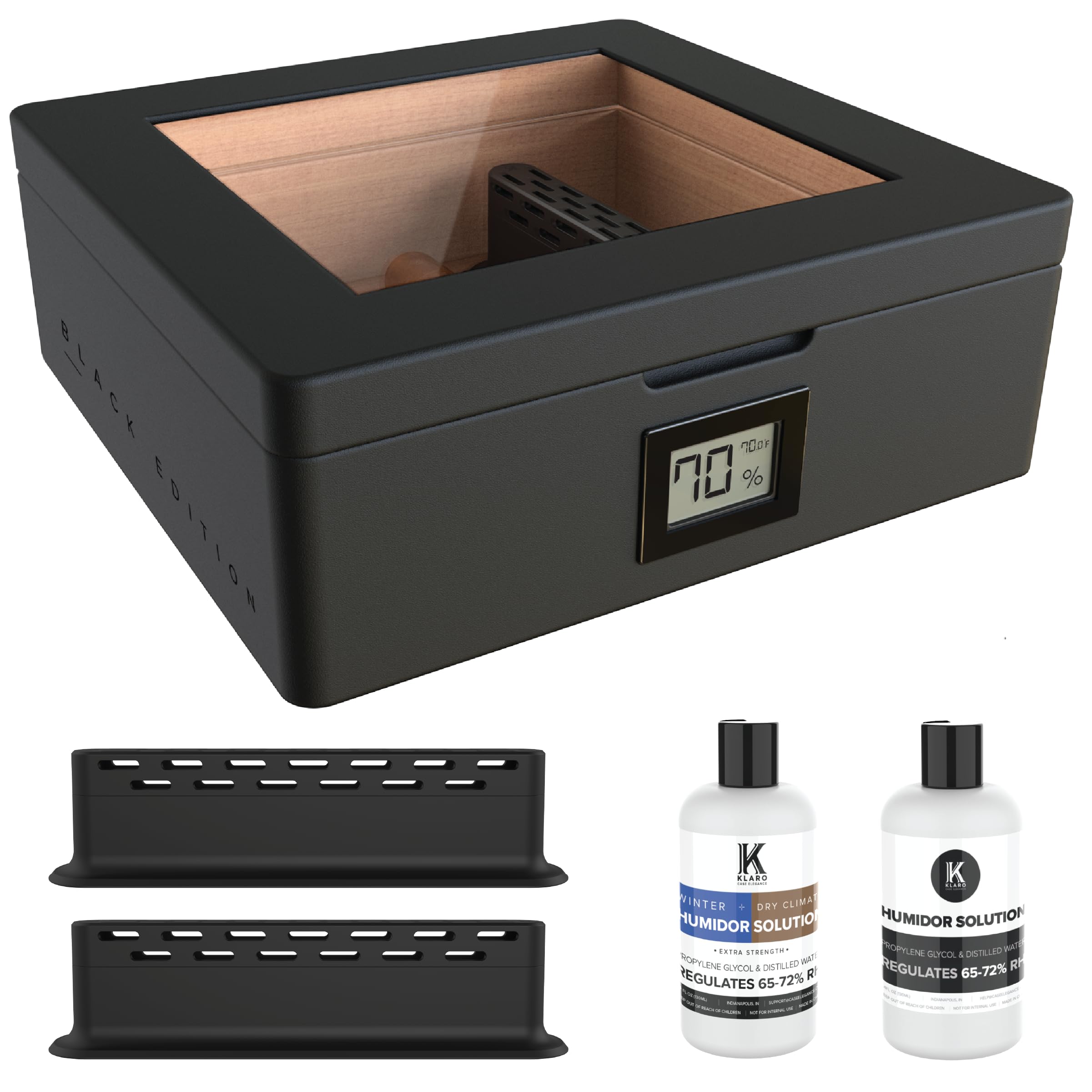 CASE ELEGANCE Humidor MAG, parte superior de vidrio con sello magnético, almacenamiento para 20-30 cigarros, negro mate con herrajes negros pulidos personalizados, higrómetro digital, negro
