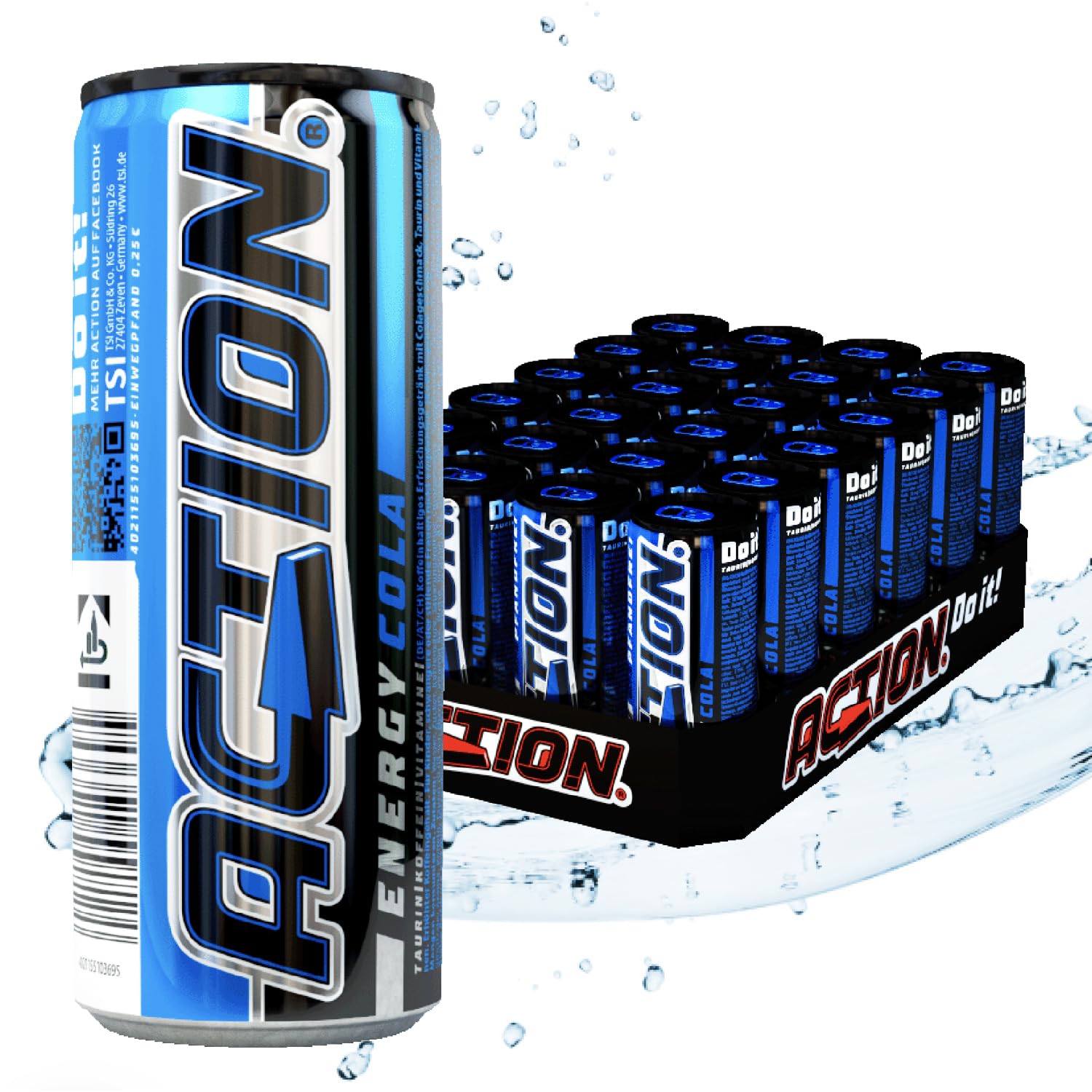 ACTION Energy Drink Cola (48 x 250 ml) con depósito – Bebida refrescante – Energía con mayor contenido de cafeína 32 mg/100 ml de cafeína bebida energética para mejorar el enfoque