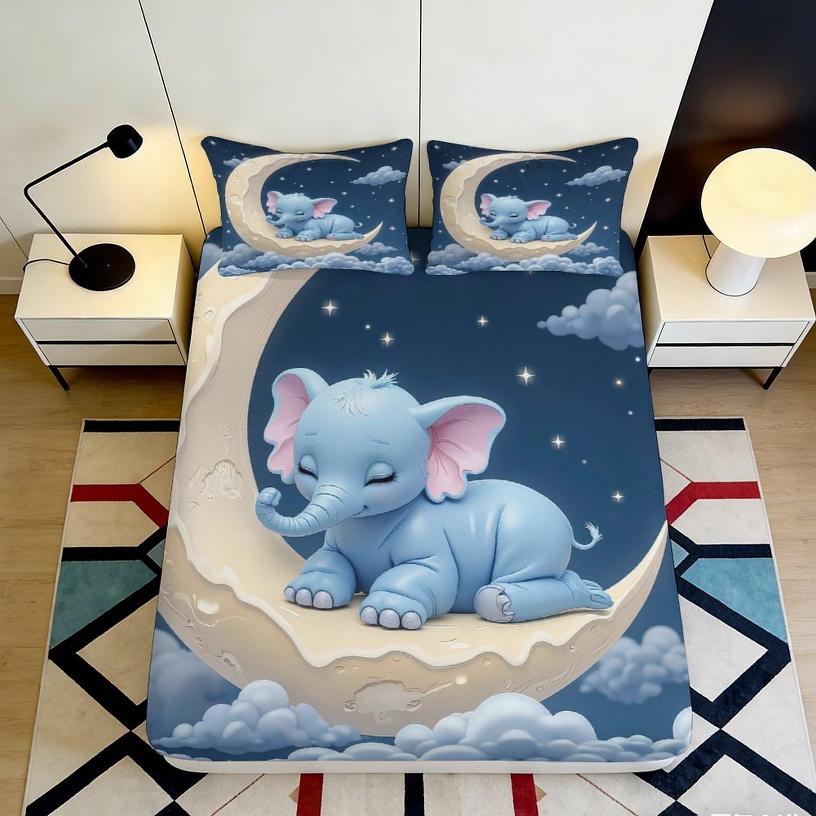 3D Printed Cute Elephant Fitted Sheet Microfiber Soft Breathable Moon and Stars Bed Cover for Bedroom Dormitory Guest Room Mattress Protection Decor 180x200x25cm
