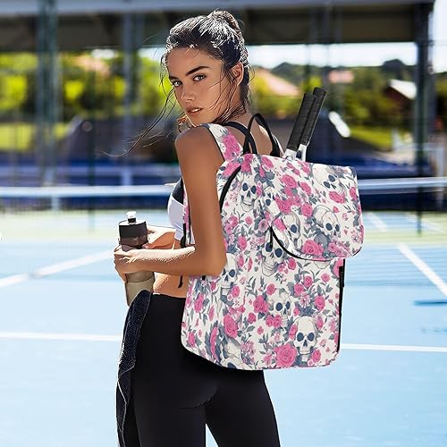 Miniatura 7 de Sporting Goods - Bolsa de tenis transpirable con diseño de calavera blanca y durazno para Halloween, 2 raquetas, bolsa de tenis acolchada, bolsa de