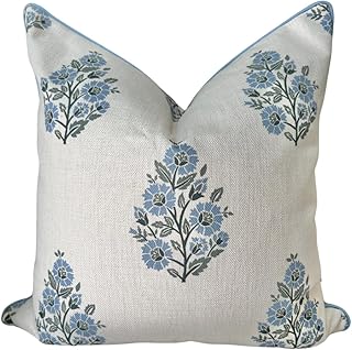 “The Camille” Floral Block Print Pillow Cover – Soft Blue and White Deco...