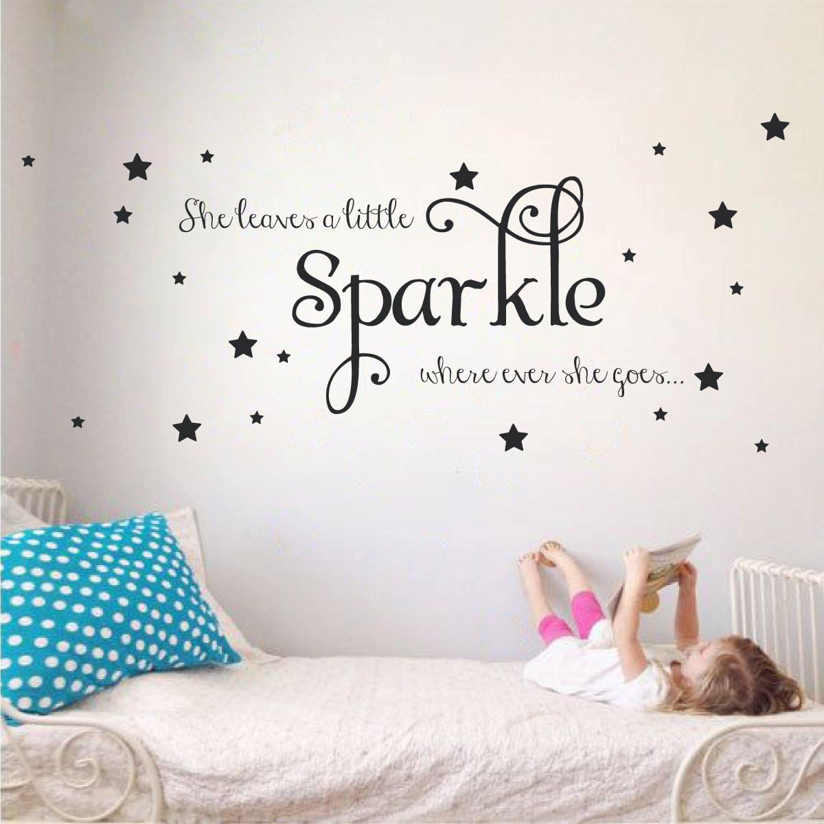 She Leaves a Little Sparkle Girls Room Vinyl Wall Decal Sticker Inspirational Quote with Stars (Bubble Gum, 15x36 inches)
