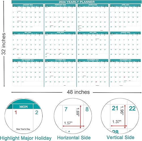 Miniatura 2 de Calendario de pared 2024 de 32 x 48 pulgadas, planificador anual laminado grande de borrado en seco y húmedo para pared, diseño horizontalvertical