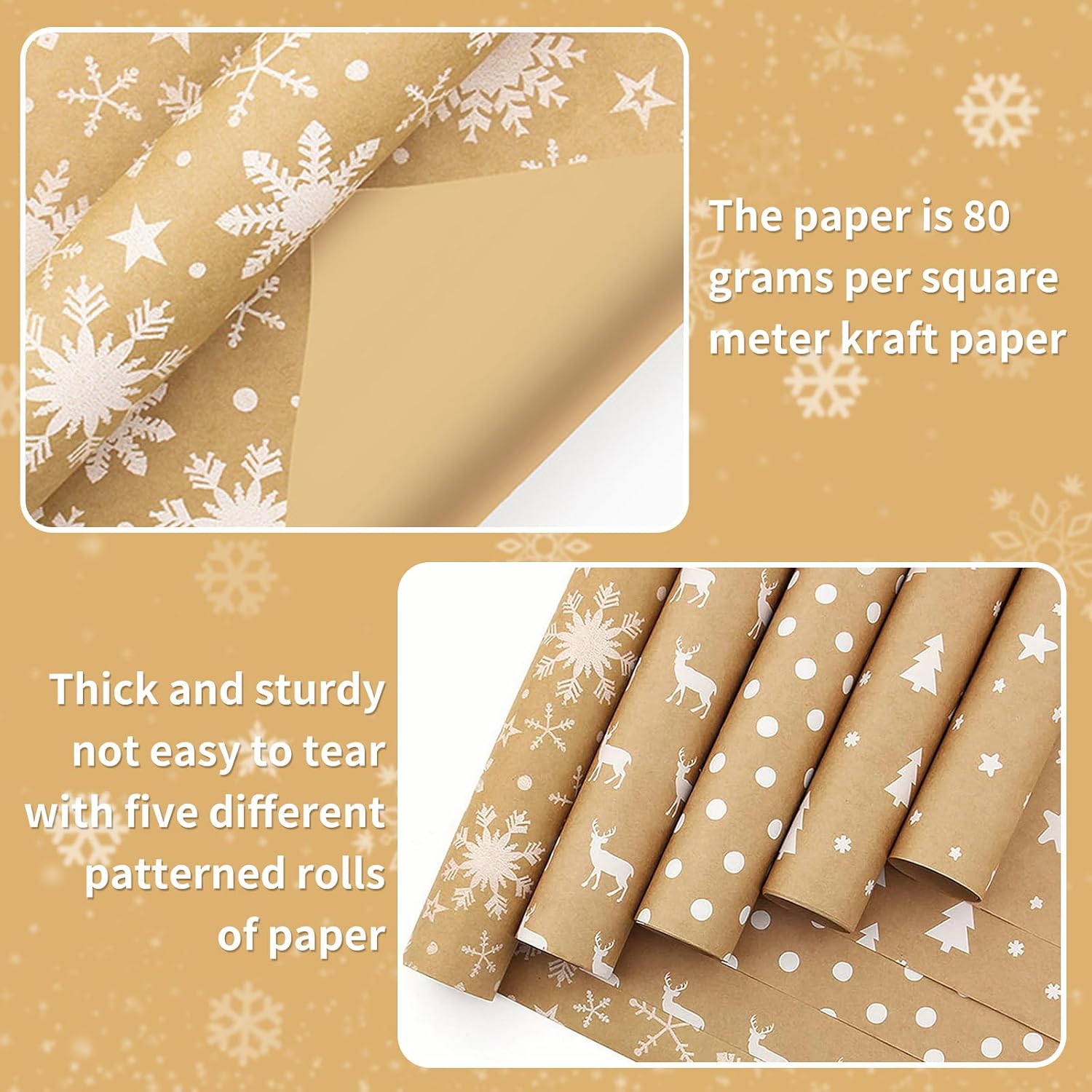 5 x Christmas Gift Wrap Paper Rolls, Holiday Wrapping Paper Set, 5 Rolls 44 cm x 3 m Christmas Wrap Paper, Natural Kraft Paper, Recyclable for Christmas, Party, Festive Decorations