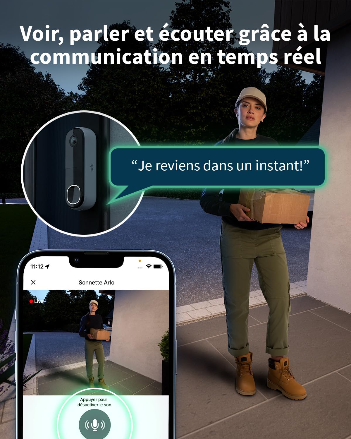 ARLO Sonnette Vidéo 2K WiFi Extérieure Sans Fil, Détection IA, Vision Nocturne Couleur, Audio Bidirectionnel, Compatible Alexa