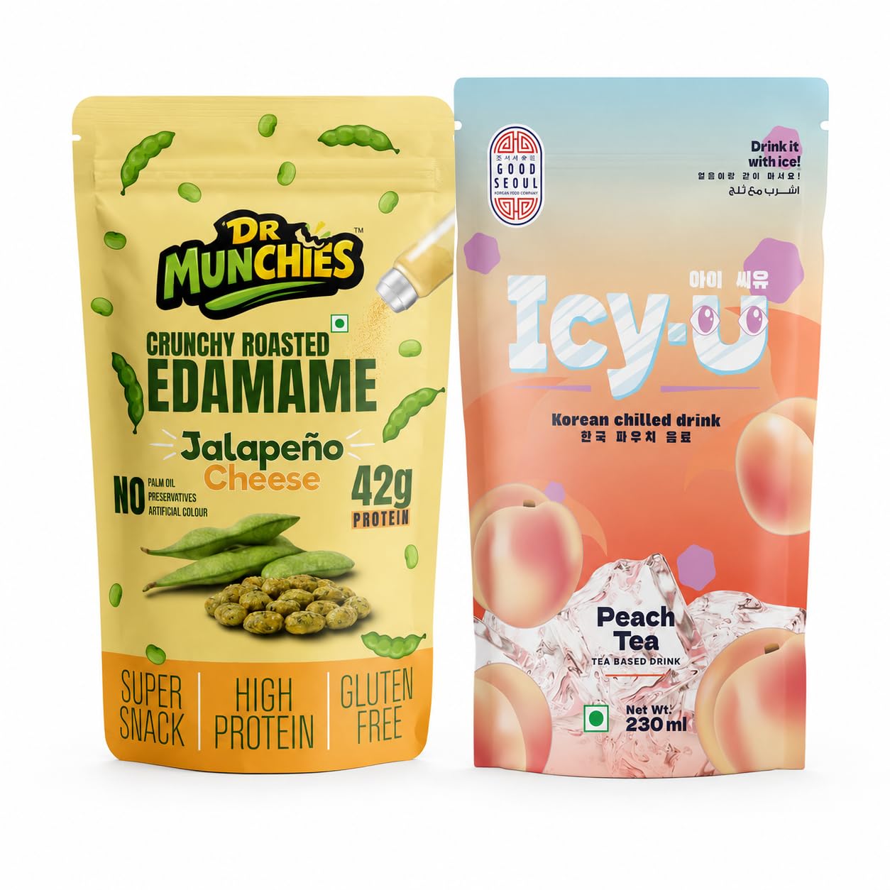 Dr Munchies Jalapeño Cheese High Protein Roasted Edamame 3.53 oz ℮ 100 g + Good Seoul Icy-U Peach Iced Tea 7.78 fl oz ℮ 230 ml, Combo Pack-image-3