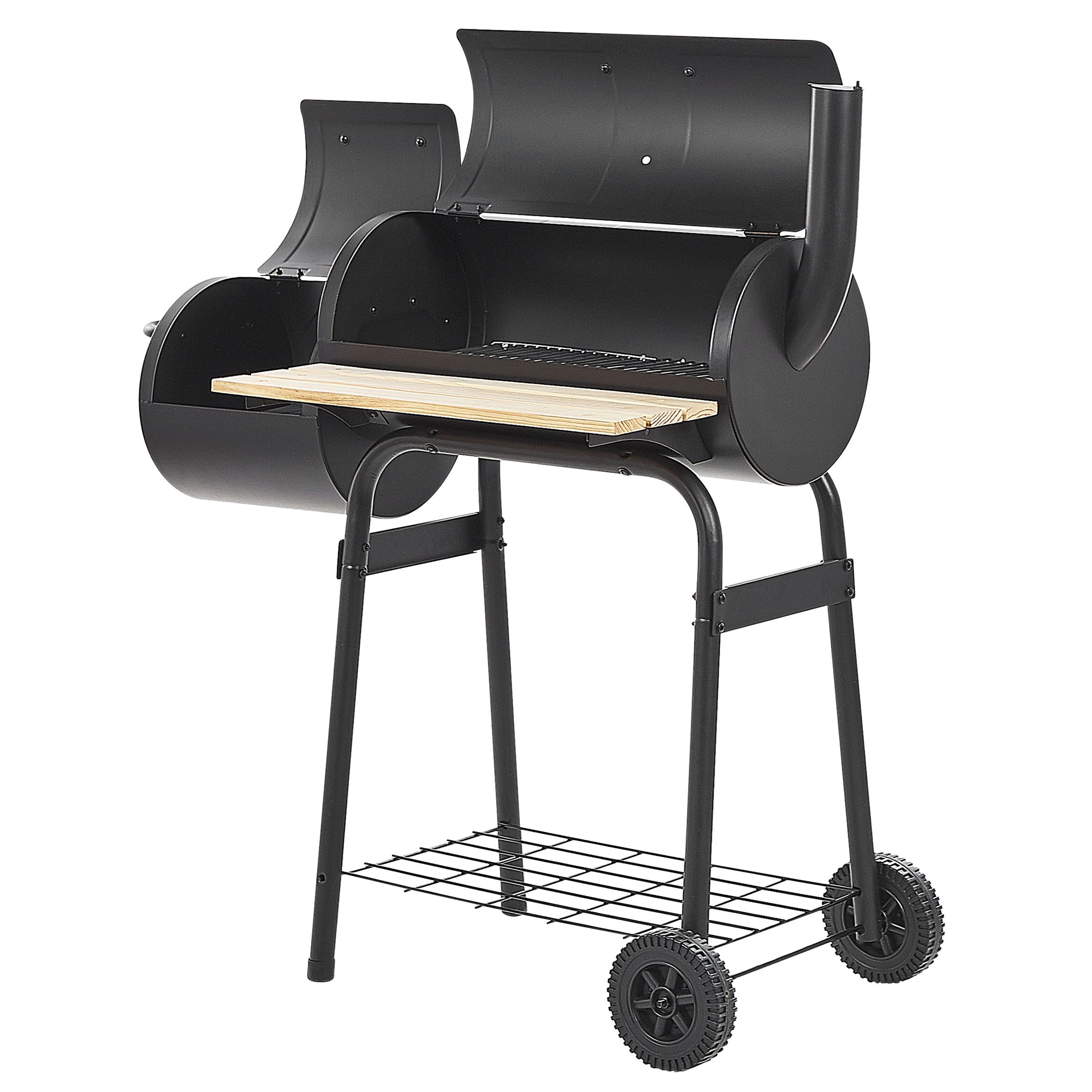 Nowoczesny ogrodowy grill węglowy kółka stalowy ruszt z wędzarnią czarny Satah