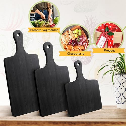 Miniatura 7 de Paquete de 3 tablas de cortar de madera de acacia negra con asa, tablas de servir de pizza de madera, bandeja de charcutería, tabla de cortar para