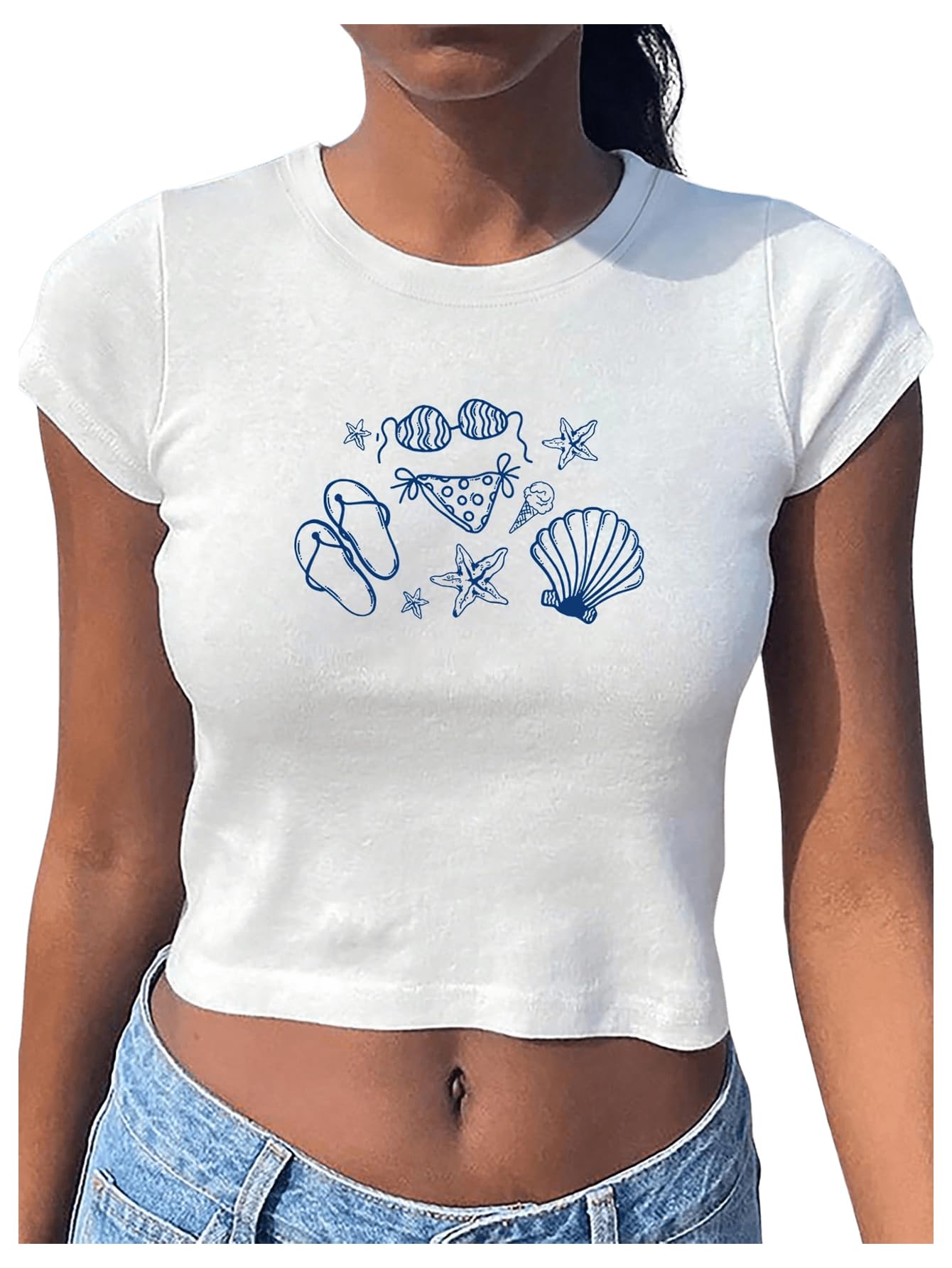 RoseSeek Women's Beach Graphic Tee Trendy Summer Short Sleeve Tee Shirts Crew Neck Crop Tops Bikini Print Preppy Top