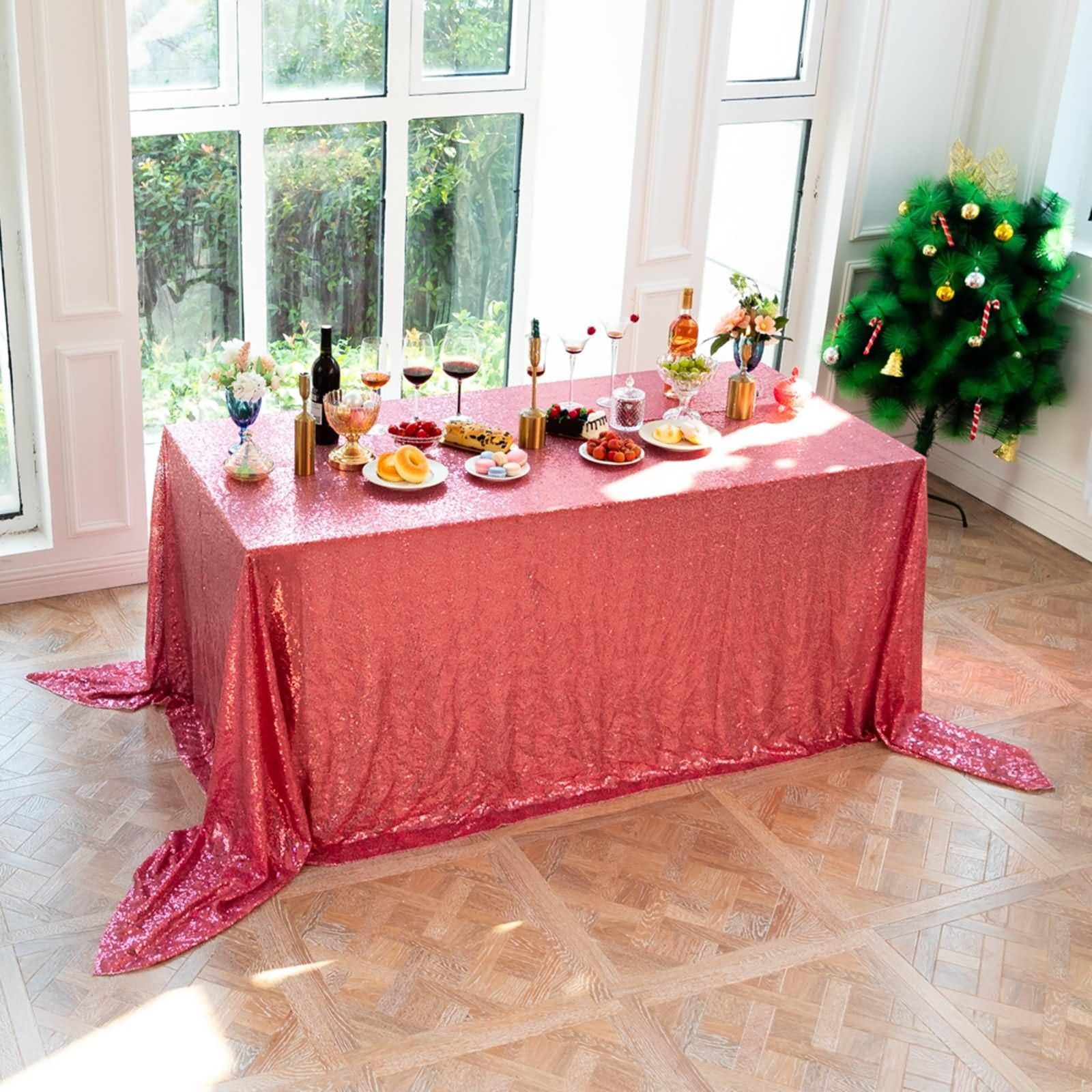 Mantel Boda Mesa Rectangular 153 W x 320 L CM,Mantel para Mesa Salón Roja Rosa Color Sólido con Lentejuelas Poliéster Mantel Casa Mesa
