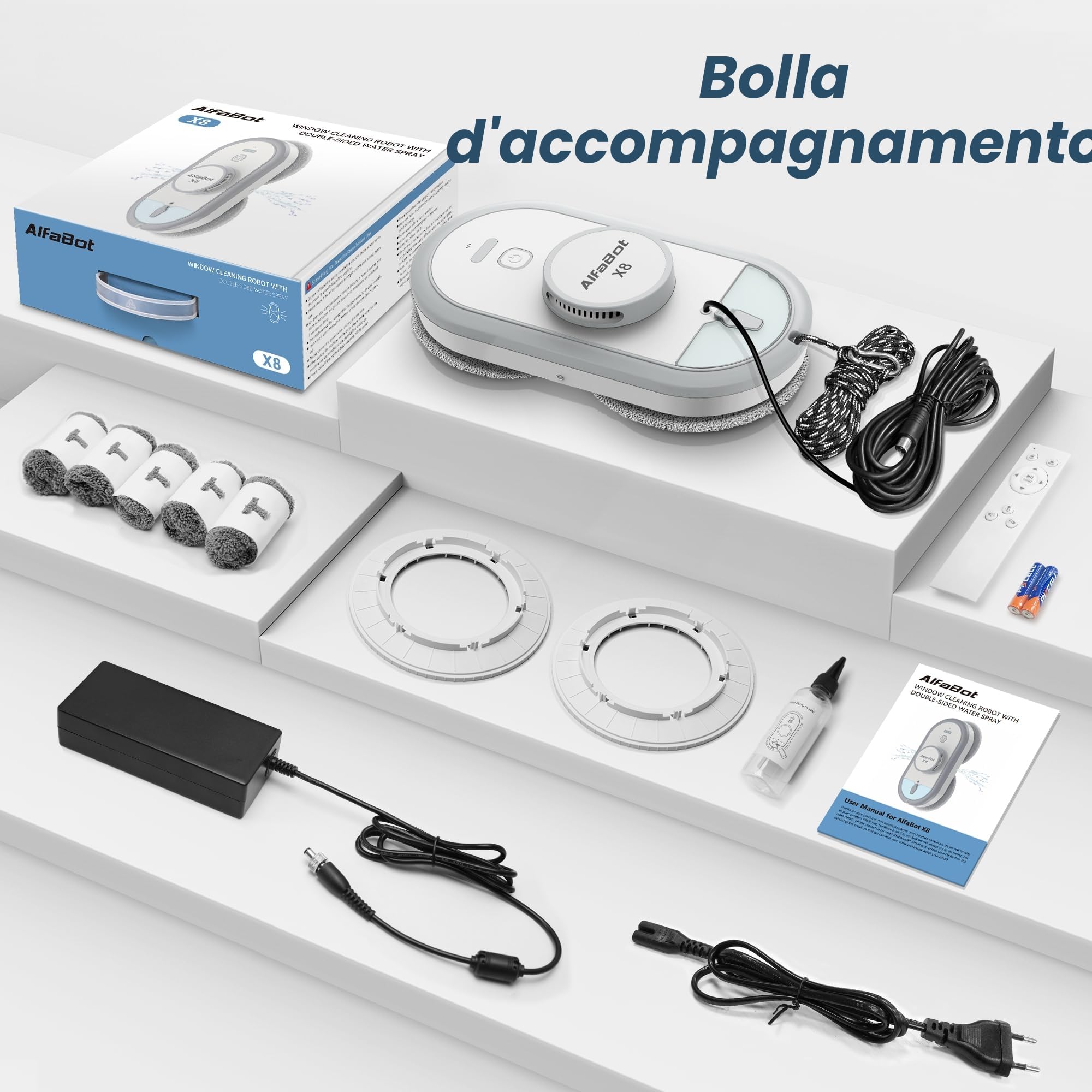 AlfaBot X8 Robot Lavavetri Elettrico Intelligente, Pulizia Automatica con Spray Bidirezionale, Serbatoio 50ml, Aspirazione 4980PA, Anticaduta, per Finestre, Specchi e Superfici Vetrate