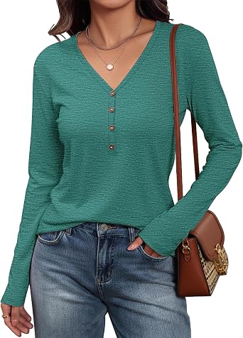 Meetrendi Womens Long Sleeve V Neck T Shirts 2025 Fall Tops Casual Loose Fit Henley Cute Trendy Tee