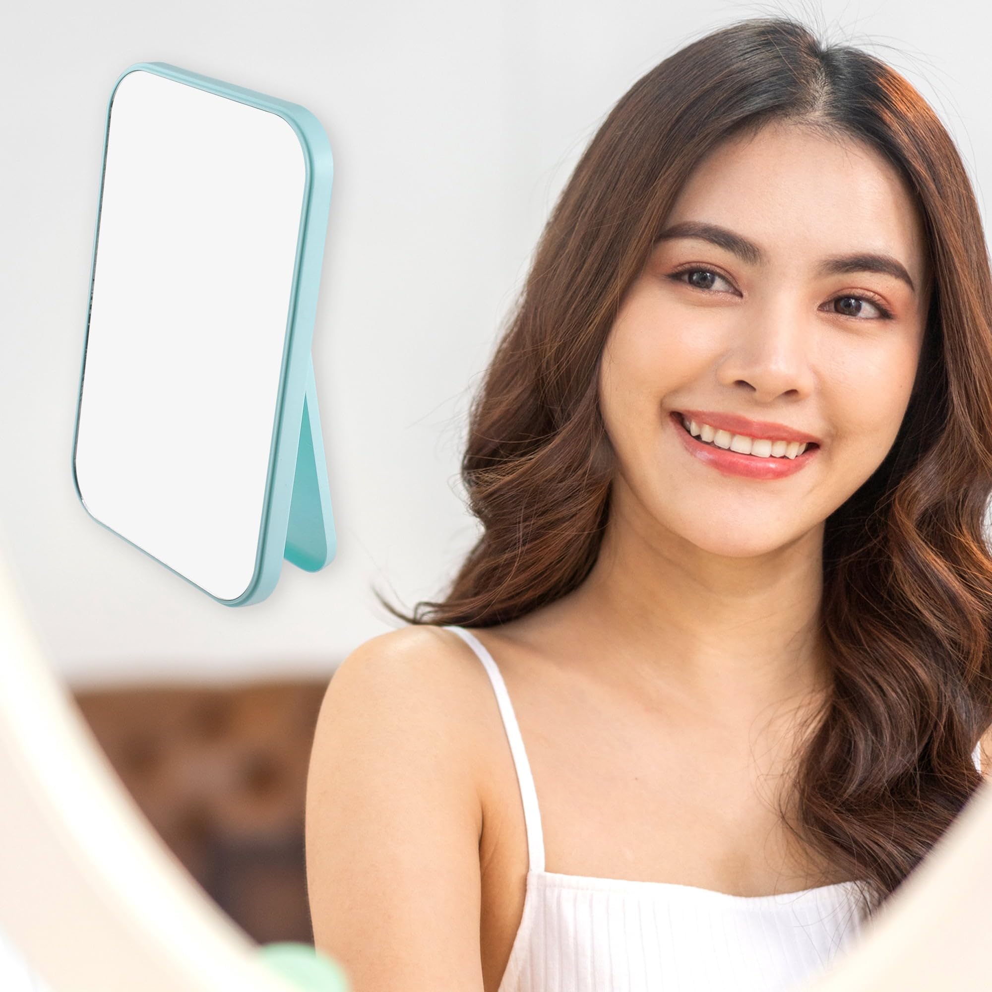 SwissHome Makeup Mirror Fashion Mirror Portable Folding Vanity Mirror, Countertop, Large Mirror Surface Table Vanity Mirror,8 in Portable Folding Travel Mirror Adjustable Simple Makeup Mirror (Blue) 2