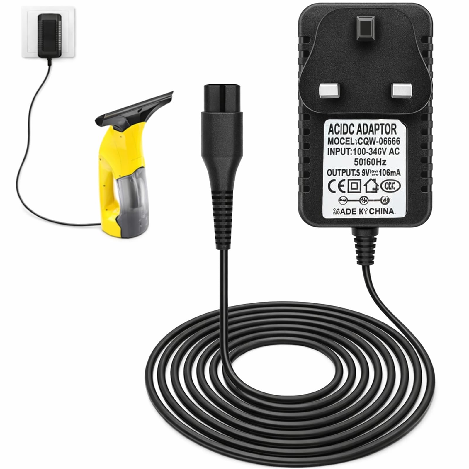 Charger for Karcher Window Vac Cleaners, Replacement for Karcher Window-Vac Charger, Charging Power Lead with Plug for WV1, WV2, WV50, WV50 Plus, WV51, WV55, WV60, WV60, WV70, WV75 (Black, 59.0in)